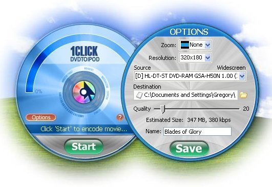 1CLICK DVDTOIPOD converts DVD movies and episodes to iPod compatible files.